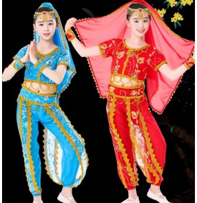 Children girls red blue Indian dance Dresses Xinjiang dance costumes girls' belly dance clothes children's ethnic minority dance outfits